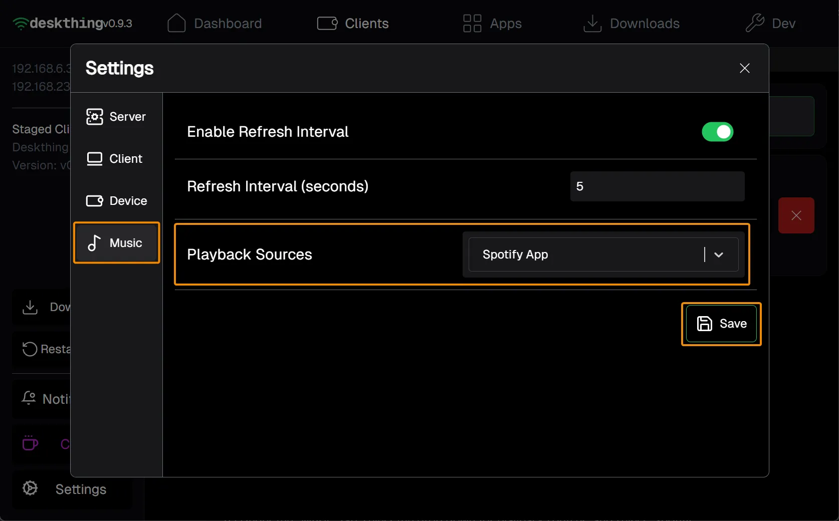 An example of the DeskThing music settings