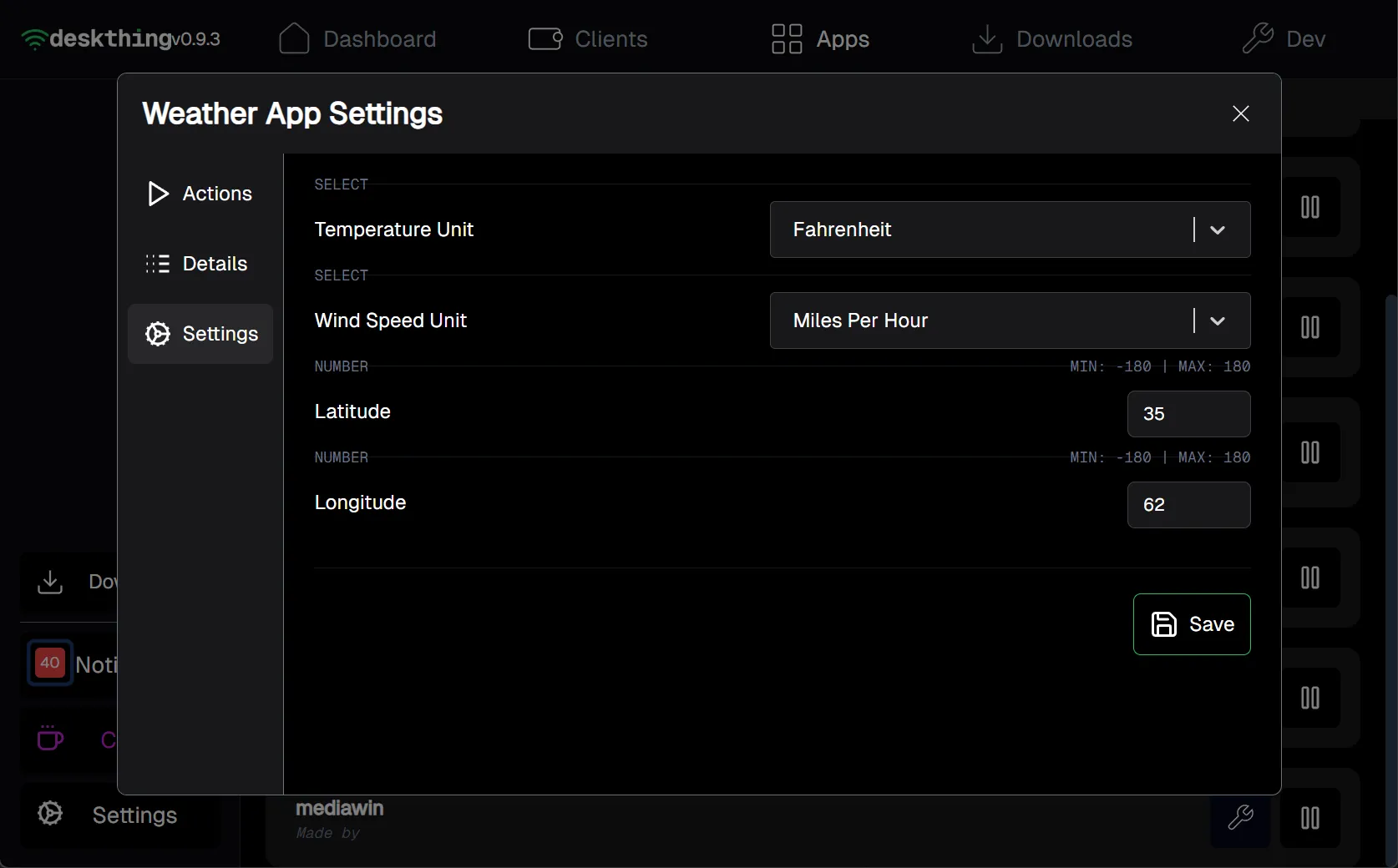 An example of the weatherwave app settings