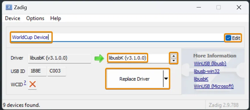 A reference image of the zadig usb drivers.